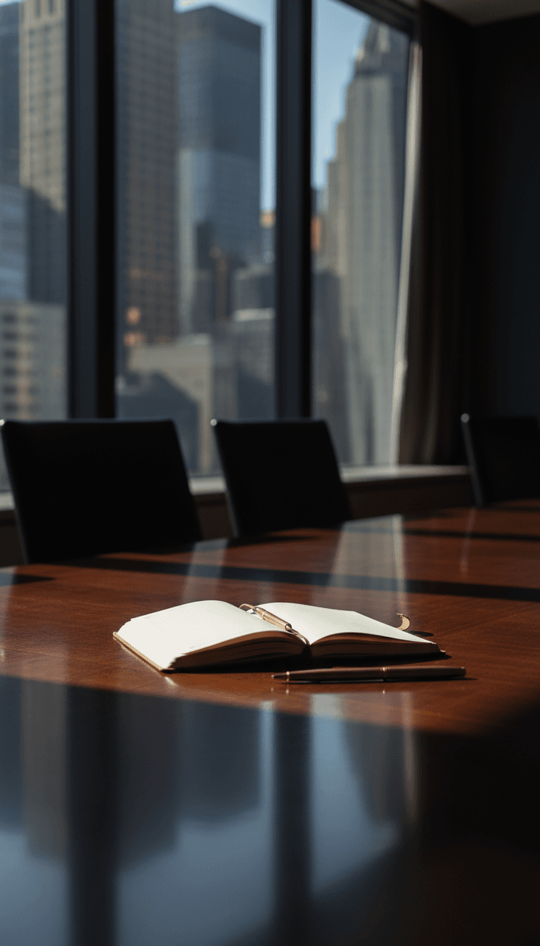 Polished boardroom table with a leather notebook in front of a window overlooking the New York skyline