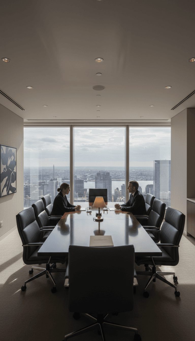 Manhattan high-rise conference room with floor-to-ceiling windows overlooking the city skyline