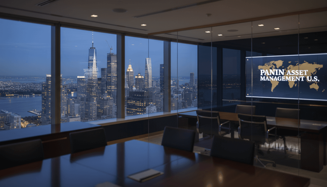 New York City skyline at dusk viewed from a high-rise office, conveying global market reach and institutional stability