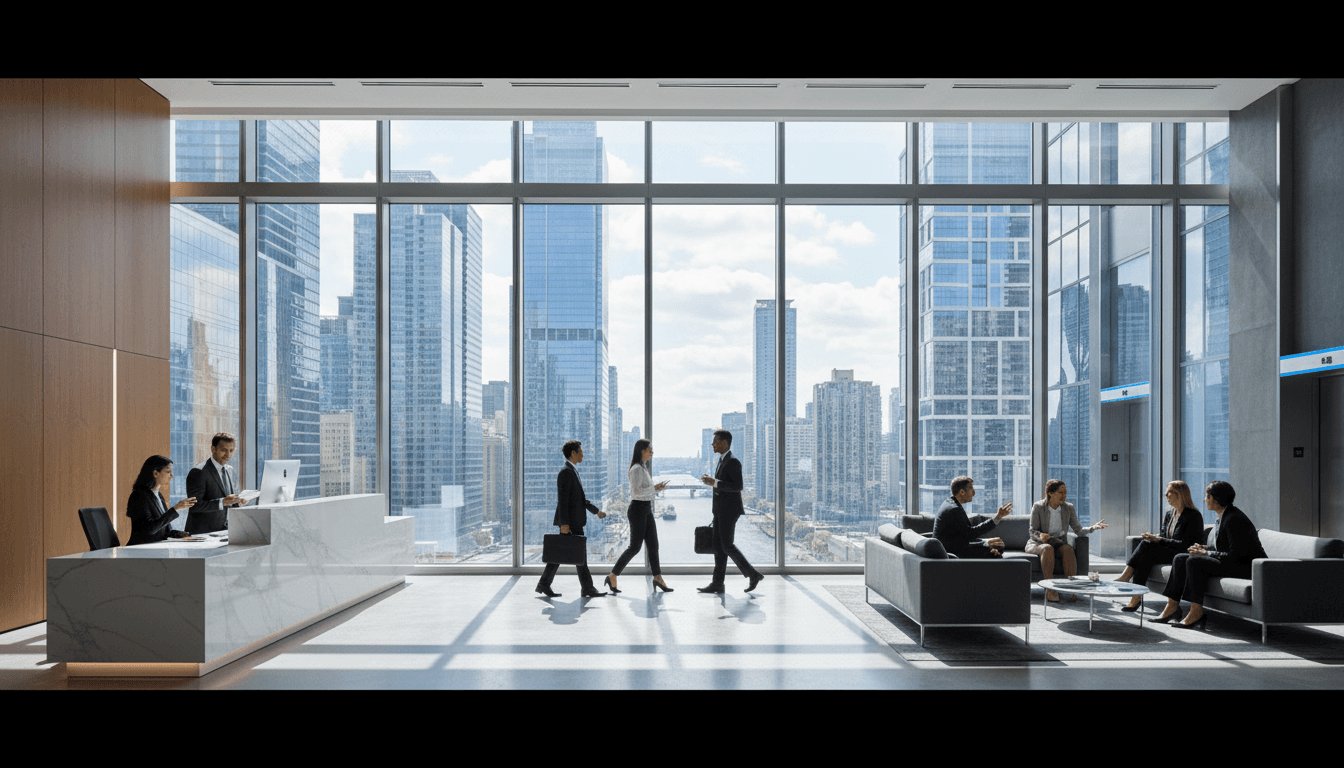 Modern high-rise office interior with city skyline views in soft natural light