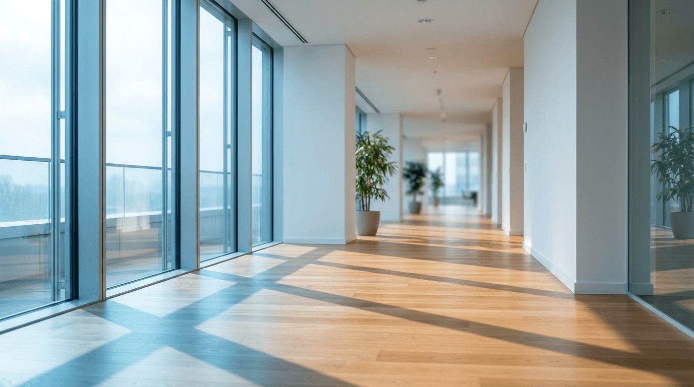 Modern institutional office lobby in New York City with skyline view