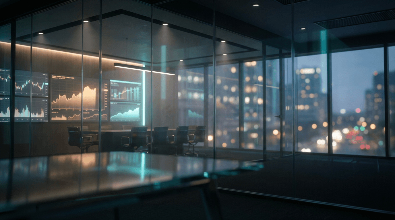 Modern financial research room in a New York high-rise with city views