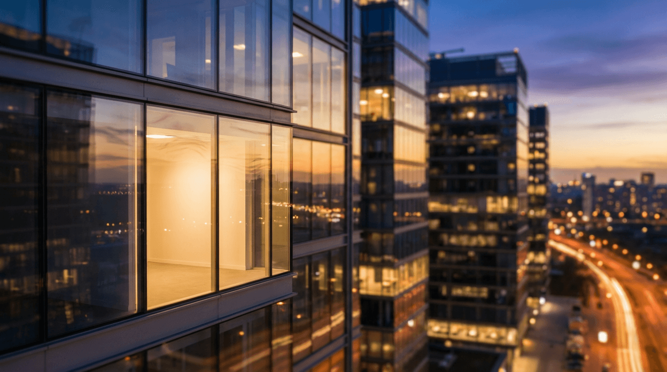 Low-angle view of a modern financial district skyline at dusk with deep navy tones and subtle golden window lights